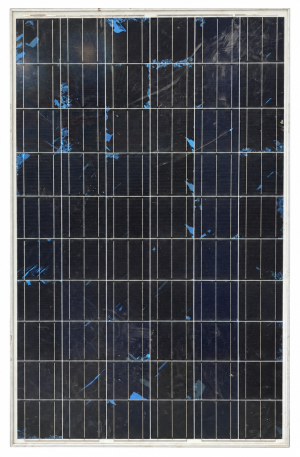 Front view of a used ReneSola Virtus II 250W polycrystalline solar panel with silver frame, standing against a block wall