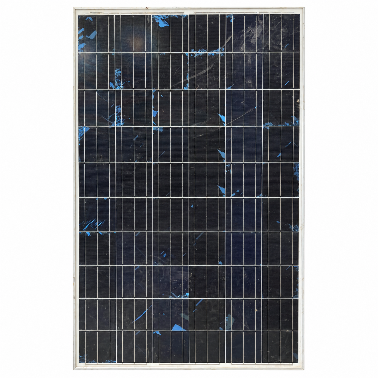 Front view of a used ReneSola Virtus II 250W polycrystalline solar panel with silver frame, standing against a block wall